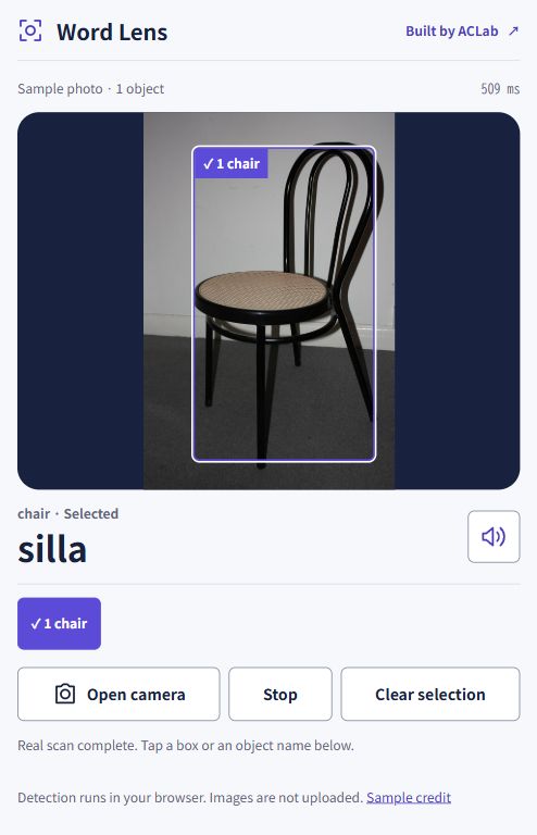 Word Lens detects a chair in the sample photo and displays the Spanish word silla.